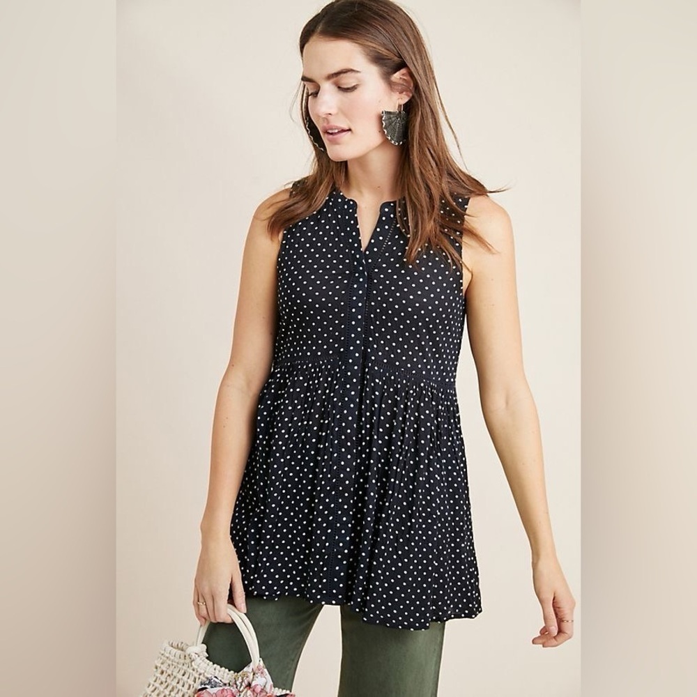 Anthropologie Navy and White Polka Dot Nia Tunic Mini Dress Women’s Size Medium